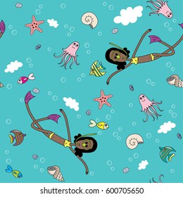 Brunette girl in yellow swimsuit and dive mask and swim fins, of fishes, jellyfish, shells, clouds, sea, waves, bubbles