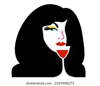 Brunette with glass of red wine. Vector illustration isolated on white background.