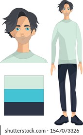 Brunette guy. Brown hair boy flat character with color scheme and close up. Vector illustration