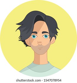 Brunette guy. Brown hair boy flat character. Close up vector illustration on yellow background