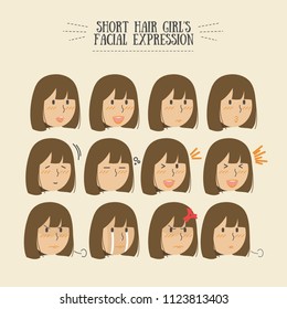 Brunette Hair Girl Facial Expression Set