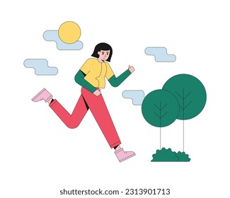 Brunette happy girl running on street outdoors. Time for morning workout. Active and healthy lifestyle. Feeling happy when training in gym and outdoor. Vector