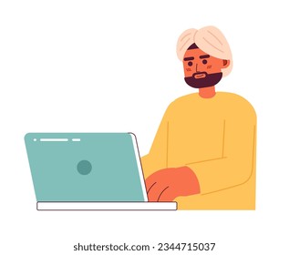 Brunette indian man with dark beard in turban semi flat color vector character. Editable half body office worker on white. Simple cartoon spot illustration for web graphic design