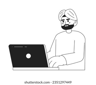 Brunette indian man with dark beard in turbanmonochromatic flat vector character. Editable thin line half body office worker on white. Simple bw cartoon spot image for web graphic design