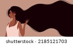 Brunette with long flowing hair. Woman in white blouse. The girl stands in profile. Coffee color scheme. Template for beauty salon, hair salon, shampoo or Women's Day, 8th March. 
