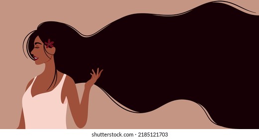 Brunette with long flowing hair. Woman in white blouse. The girl stands in profile. Coffee color scheme. Template for beauty salon, hair salon, shampoo or Women's Day, 8th March. 
