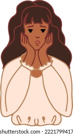 brunette with long hair girl got frightened and put her hands on her face, expressing surprise emotion. Isolated vector illustration