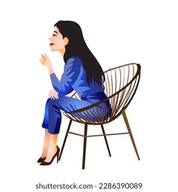 Brunette with long hair sits in a blue blouse and pants and shoes and sits and thinks. Brunette sitting and smiling. Isolated vector illustration in cartoon style