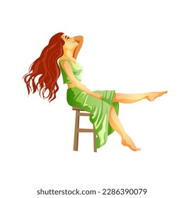 A brunette with long hair sits in a green dress with her head thrown back. Redhead sitting and smiling. Isolated vector illustration in cartoon style