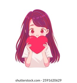 Brunette long haired girl holds red heart. Anime manga kawaii style portrait. Sunset light scene.