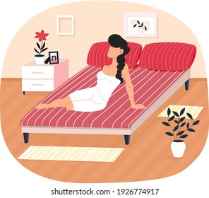 Brunette lying in modern bedroom vector illustration. Woman wearing white dress or nightwear lies on comfortable bed. Girl resting and getting ready for sleeping. Female character in bedroom