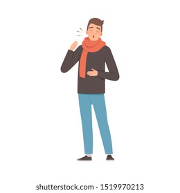 Brunette male with a scarf on a sore throat. Vector illustration.