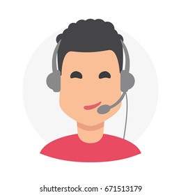 Brunette man 24h all the time customer support center via phone. mail operator service icons concept.