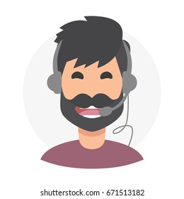 Brunette man with beard  24h all the time customer support center via phone. mail operator service icons concept.