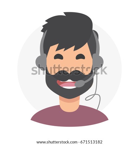 Brunette man with beard  24h all the time customer support center via phone. mail operator service icons concept.
