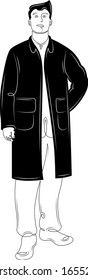 Brunette man in a black fashionable coat.Character cartoon flat isolated colored drawing sketch continuous line minimalism illustration