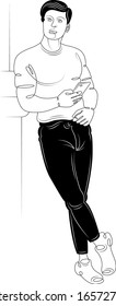 Brunette man in black pants with a mobile phone in his hand.Character cartoon flat isolated colored drawing sketch continuous line minimalism illustration