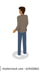 Brunette man in casual clothing standing backwards isometric projection vector isolated on white. Male character figure in jacket and jeans from back view 3d illustration for icons or web design