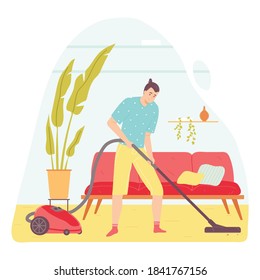 Brunette man cleaning carpet with vacuum cleaner .living room. Housework concept. Vector illustration for banners, posters, postcard . Cartoon style
