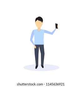 Brunette Man Doing Selfie Standing Pose Isolated Faceless Silhouette Male Cartoon Character Full Length Flat Vector Illustration