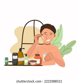 Brunette man drips oil,does cosmetic procedures for skin care,vector illustration,
enjoying a skincare routine. Men's hygiene.