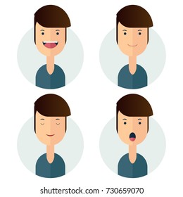 Brunette man facial expressions set over white. Vector illustration