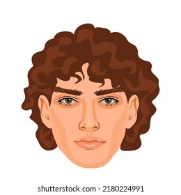 Brunette man head isolated on white background. Handsome male avatar. Beautiful face with detailed eyes, nose and lips. Curly hairstyle.