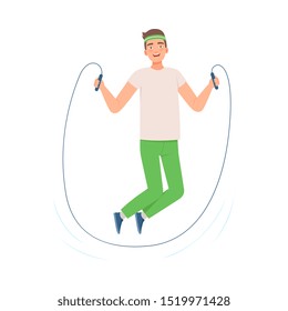 Brunette man is jumping rope. Vector illustration.