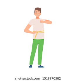 Brunette man measures the waist. Vector illustration.