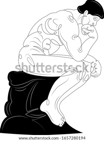 A brunette man is sitting in a pose of a thinker. Character cartoon flat isolated colored drawing sketch continuous line minimalism illustration