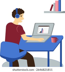 Morena homem sentado à mesa, usando fones de ouvido, trabalhando on-line com laptop, trabalho remoto, agenda, diagrama no monitor, on-line, laptop, prateleira com pastas, xícara de café no desktop