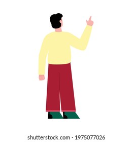 Brunette man standing his back and pointing with his hand up, flat cartoon vector illustration isolated on white background. Rear view of guy with pointing gesture.