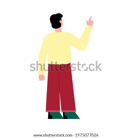 Brunette man standing his back and pointing with his hand up, flat cartoon vector illustration isolated on white background. Rear view of guy with pointing gesture.