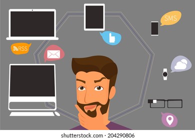 Brunette man thinking about gadgets and applications around him