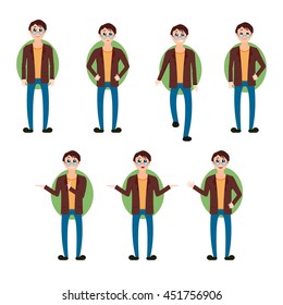 Brunette man vector set illustration in cartoon style in glasses, wearing jacket and jeans in different poses, various facial expressions emotions