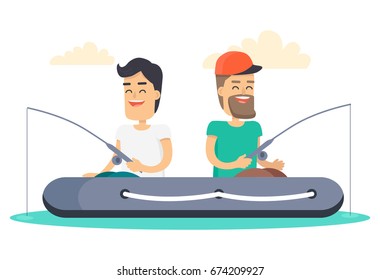 Brunette man in white T-shirt and bearded man in cap sit in inflatable boat and fishing isolated on white background with clouds. Men friendship and leisure activity out on nature vector illustration.