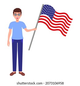 Brunette Men with big American flag. A patriotic and independent concept.