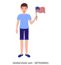 Brunette Men hold American flag. A patriotic and independent concept.