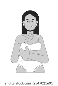 Brunette middle eastern woman in brassier examining breast black and white 2D line character. Mastopathy. Turkish female touching chest isolated vector outline person. Monochrome spot illustration