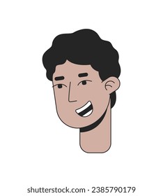 Brunette middle eastern young man 2D linear cartoon character head. Arabic male teenager isolated line vector person face white background. Arab teen boy smiles cheerfully color flat spot illustration