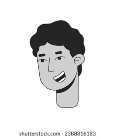 Brunette middle eastern young man black and white 2D line cartoon character head. Arabic male teenager isolated vector outline person face. Arab teen boy cheerful monochromatic flat spot illustration