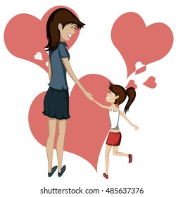 Brunette mom and daughter are holding hands and smiling at each other (hearts in background)