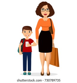 Brunette mother with a son. Busy mom holds a bag and shopping bags. Boy with school backpack and phone. Vector illustration of full body detailed characters in a flat style, isolated on white. Eps 8