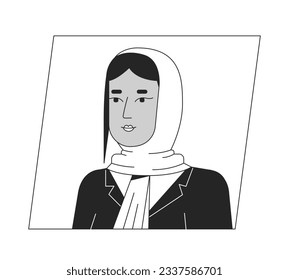 Brunette muslim woman in hijab black white cartoon avatar icon. Editable 2D character user portrait, linear flat illustration. Vector face profile. Outline person head and shoulders