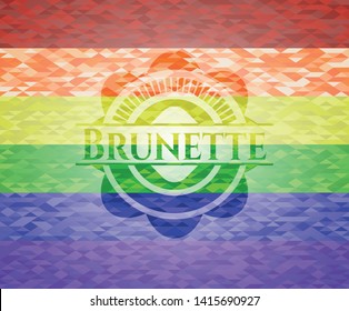 Brunette on mosaic background with the colors of the LGBT flag