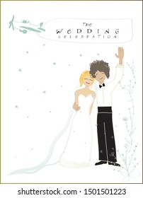 Brunette plane celebration, flowers, vector, romance, female, marriage, happy. 