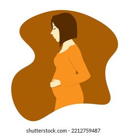 Brunette pregnant woman in orange dress smiling and holding her belly. Flat vector illustration. Bob hairstyle.