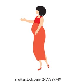 Brunette pregnant woman with an red and orange dress on a white background