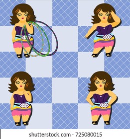 Brunette in purple bustier and multi-colored cutoff shorts in four poses: with hula hoops, dancing, hands on hips, and with finger to lips.