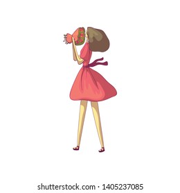 Brunette in a red dress sniffs a bouquet of flowers. Vector illustration on white background.